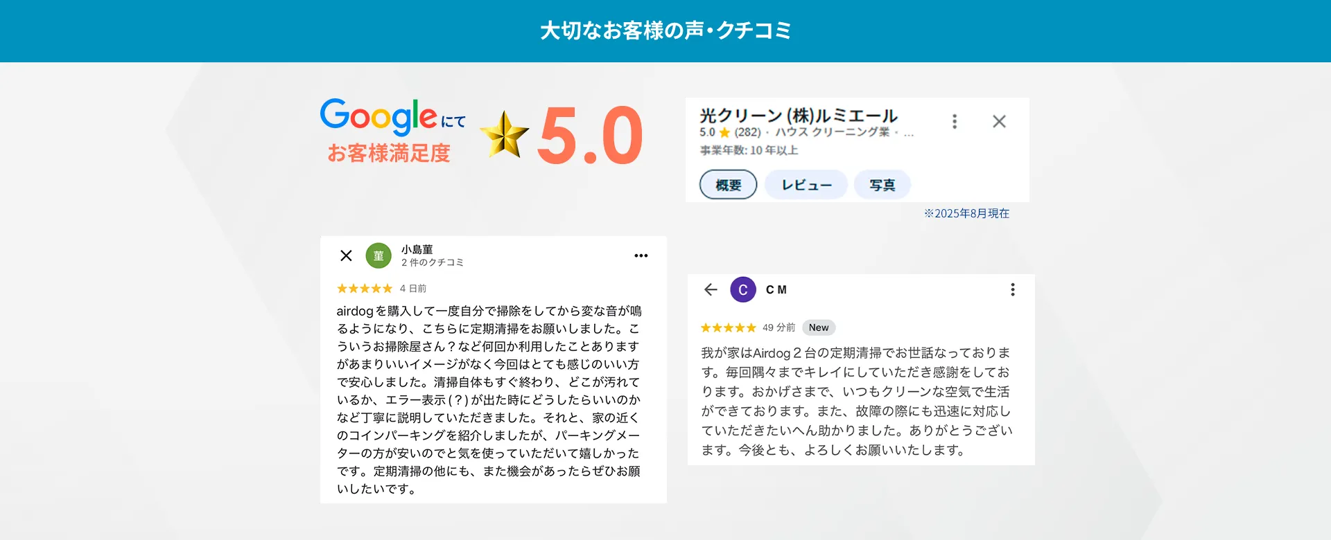 大切なお客様の声 クチコミ Googleお客様満足度にて★5.0