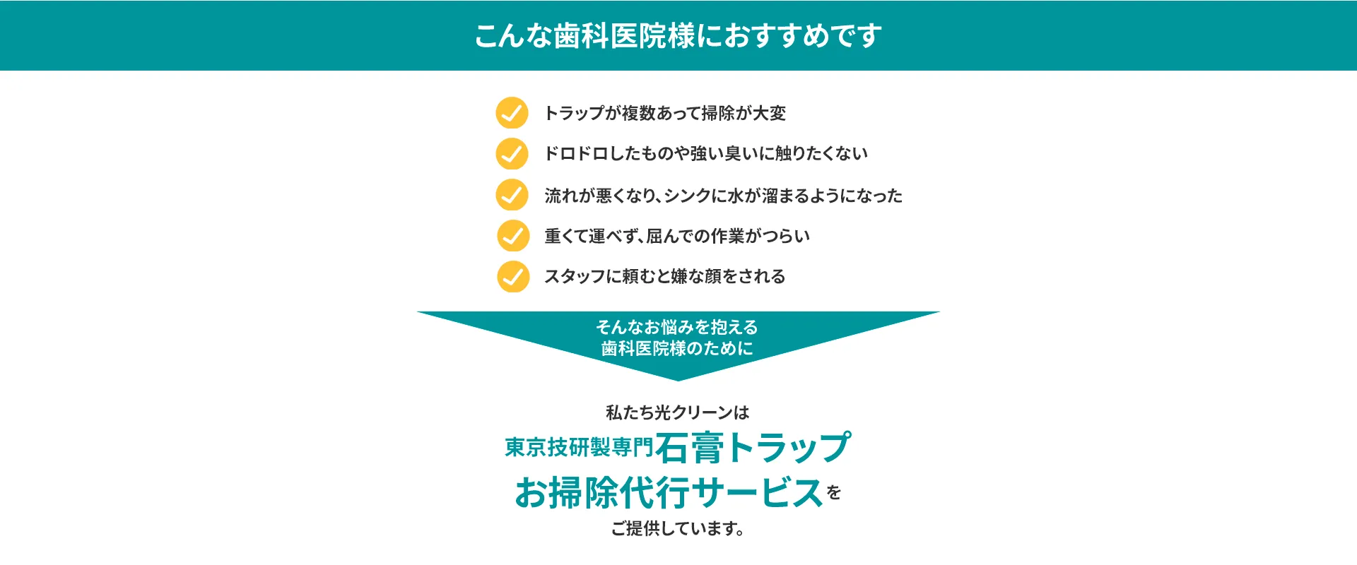 こんな歯科医院様におすすめです 雑用を減らして診療に専念したい 臭いをすぐに解消したい スタッフを早く帰らせたい わずらわしい作業から解放されたい 石膏トラップ掃除のことを忘れて過ごしたい そんなお悩みを抱える歯科医院様のために、 私たち光クリーンは東京技研製専門石膏トラップお掃除代行サービスをご提供しています。
