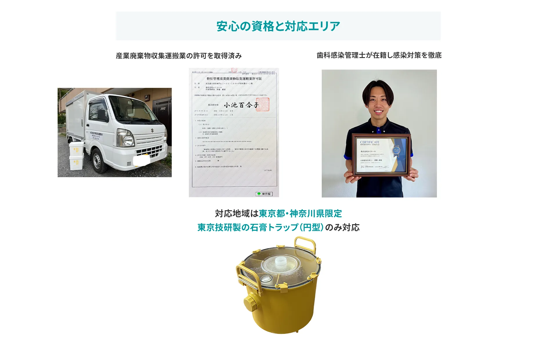 安心の資格と対応エリア 産業廃棄物収集運搬業の許可を取得済み【画像】 歯科感染管理士が在籍し感染対策を徹底【画像】 対応地域は東京都・神奈川県限定 東京技研製の石膏トラップ（円型）のみ対応