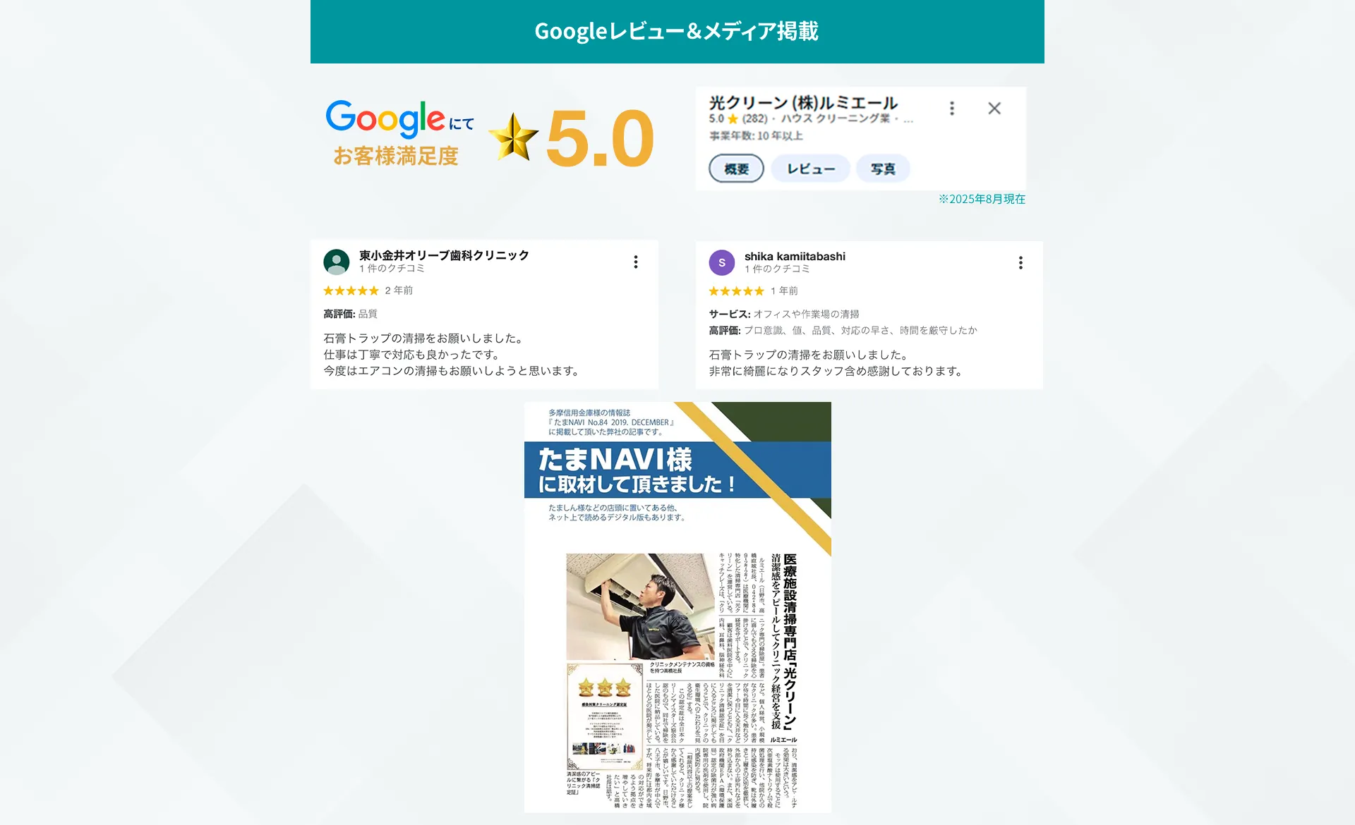 Googleにてお客様満足度　★5.0 レビュー2件、メディア掲載情報