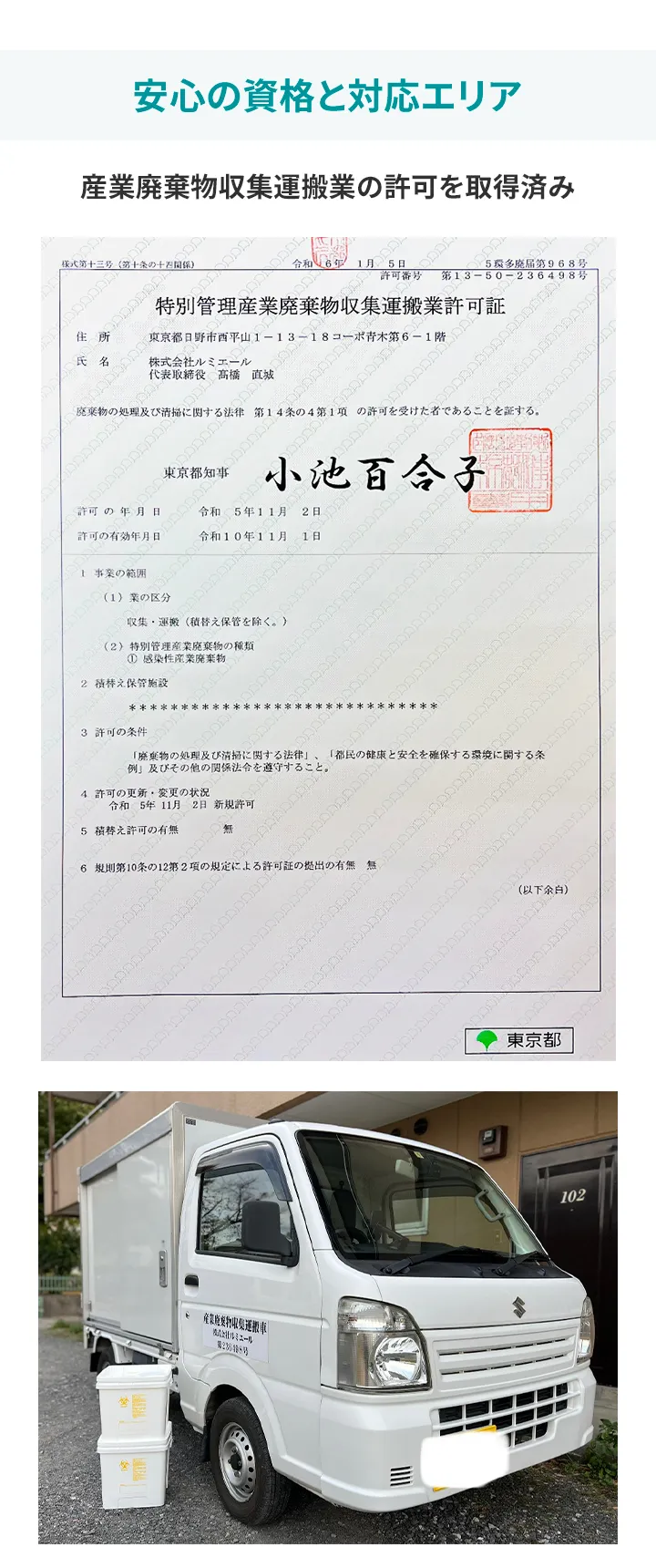 安心の資格と対応エリア 産業廃棄物収集運搬業の許可を取得済み【画像】