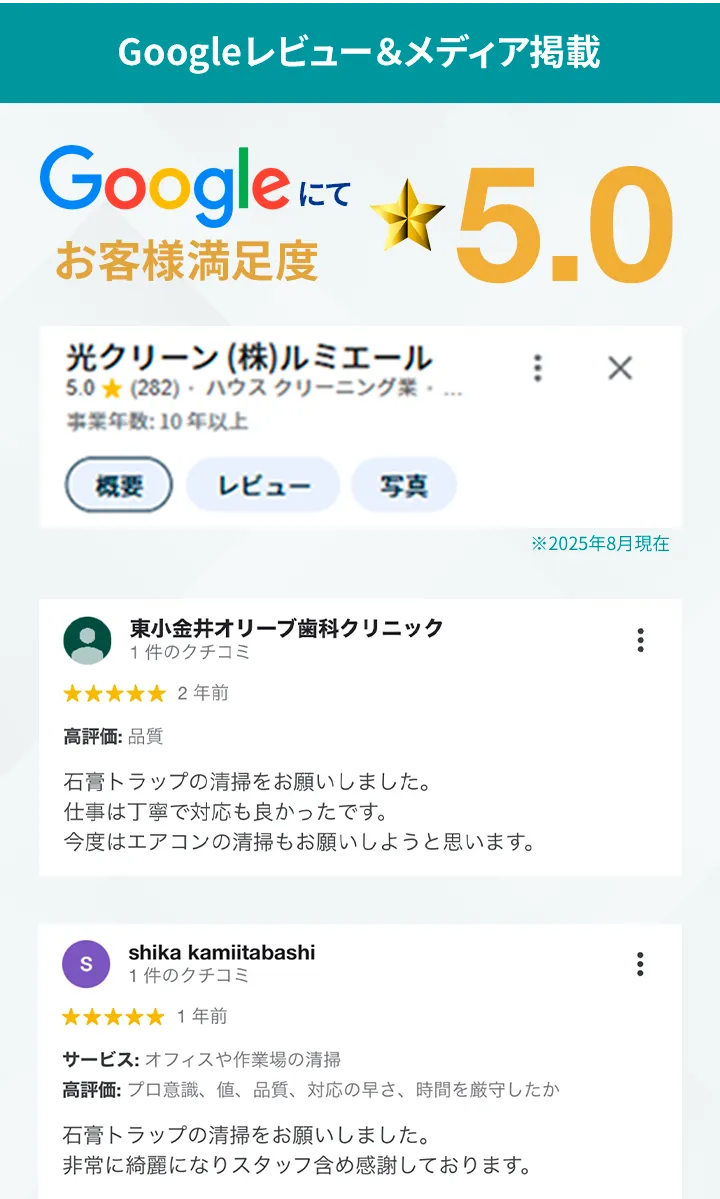 Googleにてお客様満足度　★5.0 レビュー3つ画像