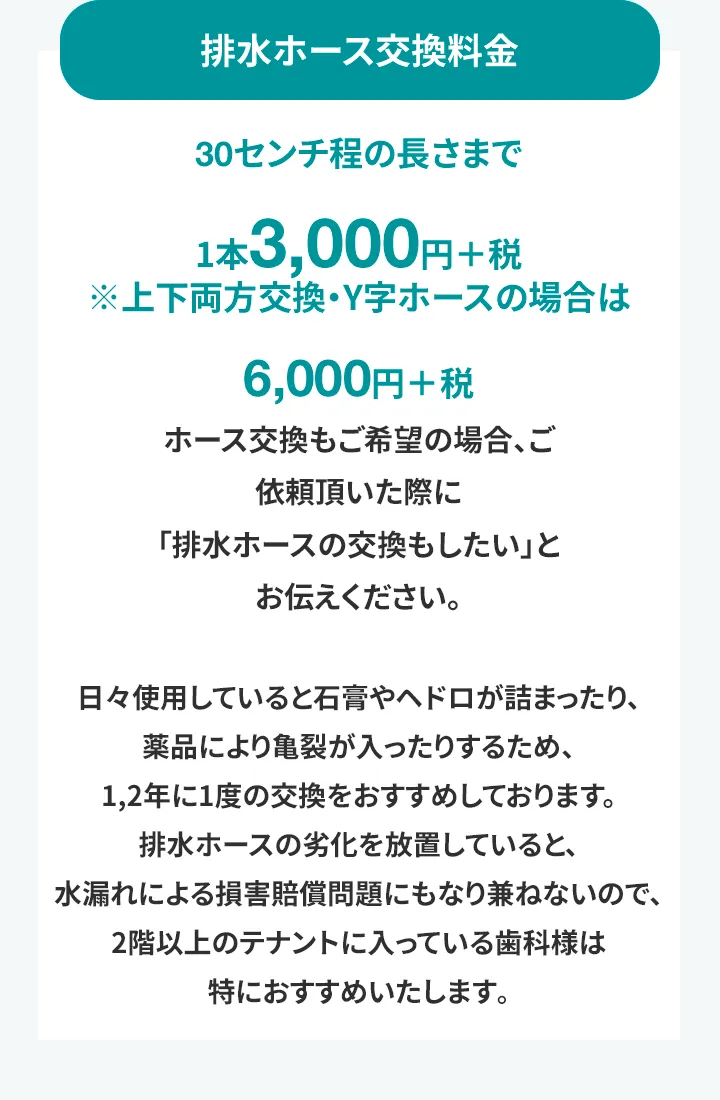 【交換料金】 30センチ程の長さまで1本3,000円＋税 ※上下両方交換・Y字ホースの場合は6,000円＋税 ホース交換もご希望の場合、ご依頼頂いた際に「排水ホースの交換もしたい」とお伝えください。 日々使用していると石膏やヘドロが詰まったり、薬品により亀裂が入ったりするため、1,2年に1度の交換をおすすめしております。 排水ホースの劣化を放置していると、水漏れによる損害賠償問題にもなり兼ねないので、2階以上のテナントに入っている歯科様は特におすすめいたします。